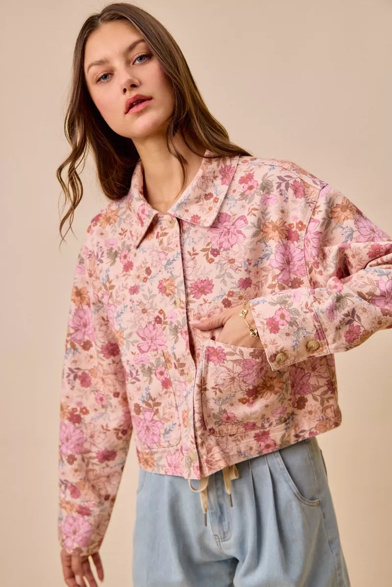 SO ME Floral Print Cotton Twill Button Down Barn Jacket - Glamourous Grace