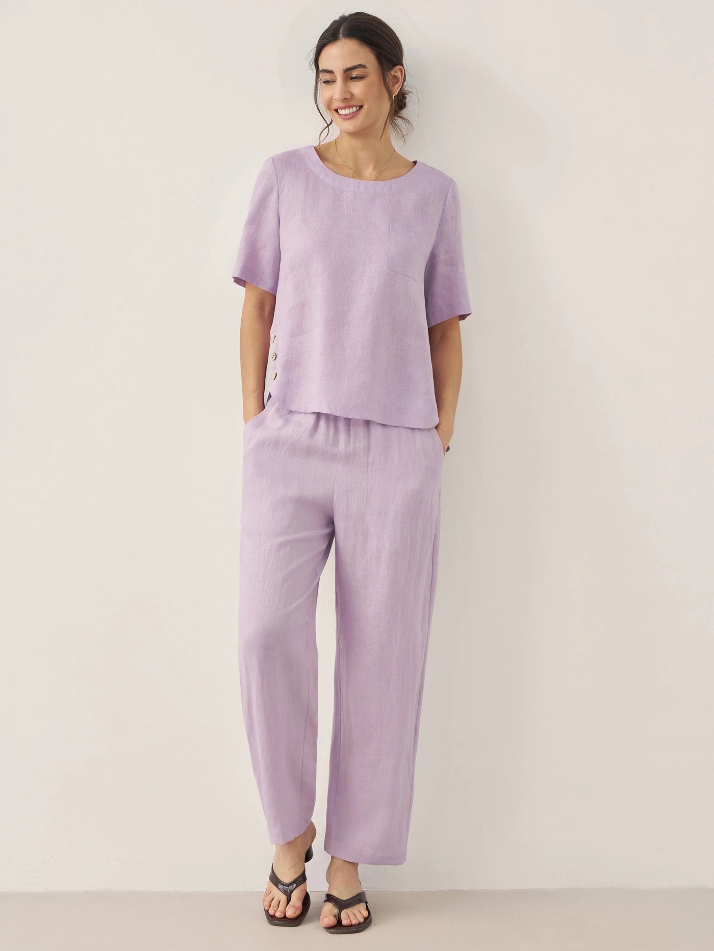 100% Linen Short-Sleeve Round Neck Button Detail Top & Pants Set SASHA - Glamourous Grace
