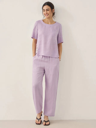 100% Linen Short-Sleeve Round Neck Button Detail Top & Pants Set SASHA - Glamourous Grace
