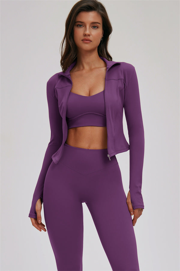 The Kinetic Zip Jacket Cross Back Sports Bra Leggings 3-Piece Set - Glamourous Grace