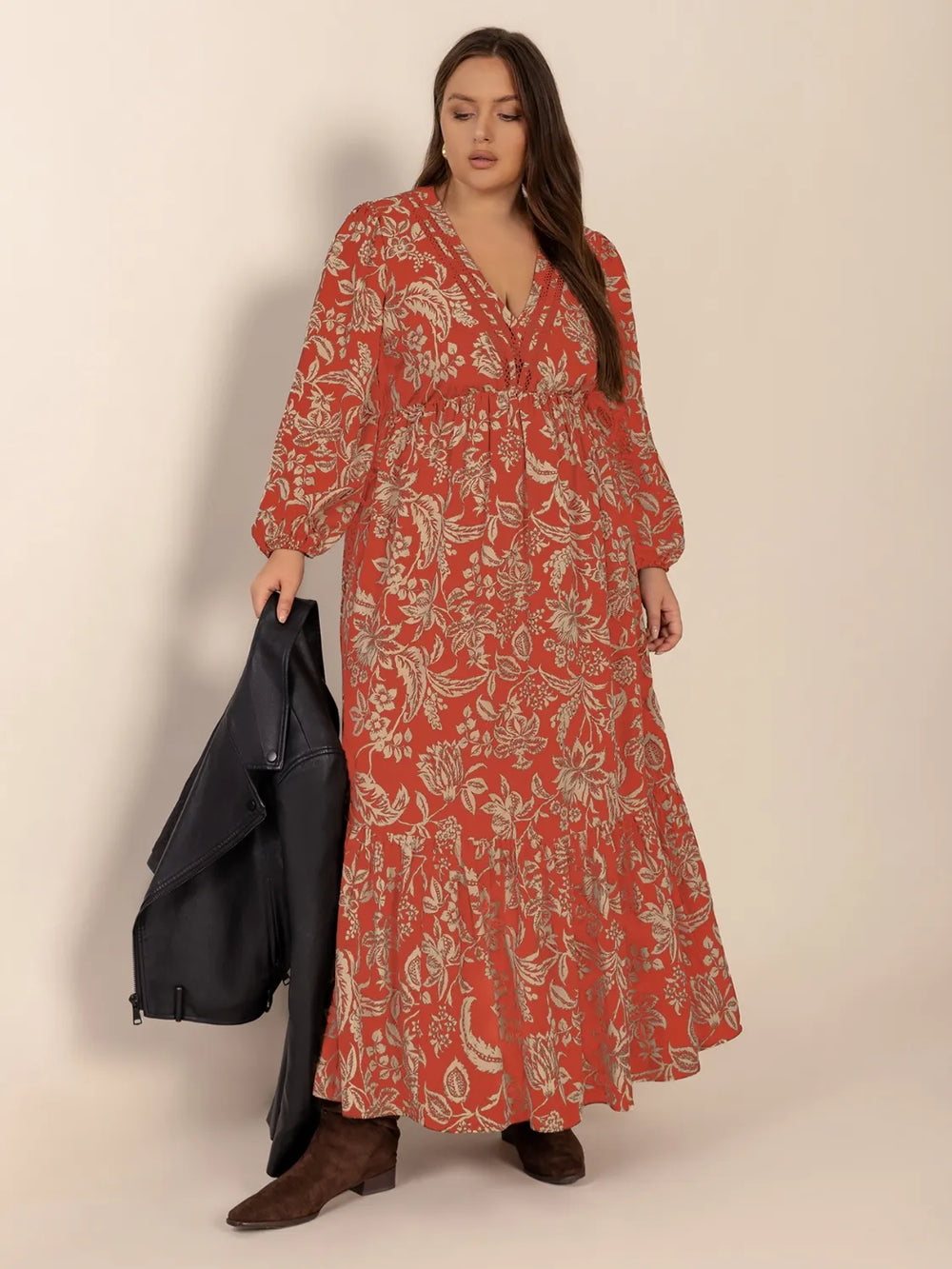 Plus Size Lace Detail Printed Balloon Sleeve Midi Dress - Glamourous Grace
