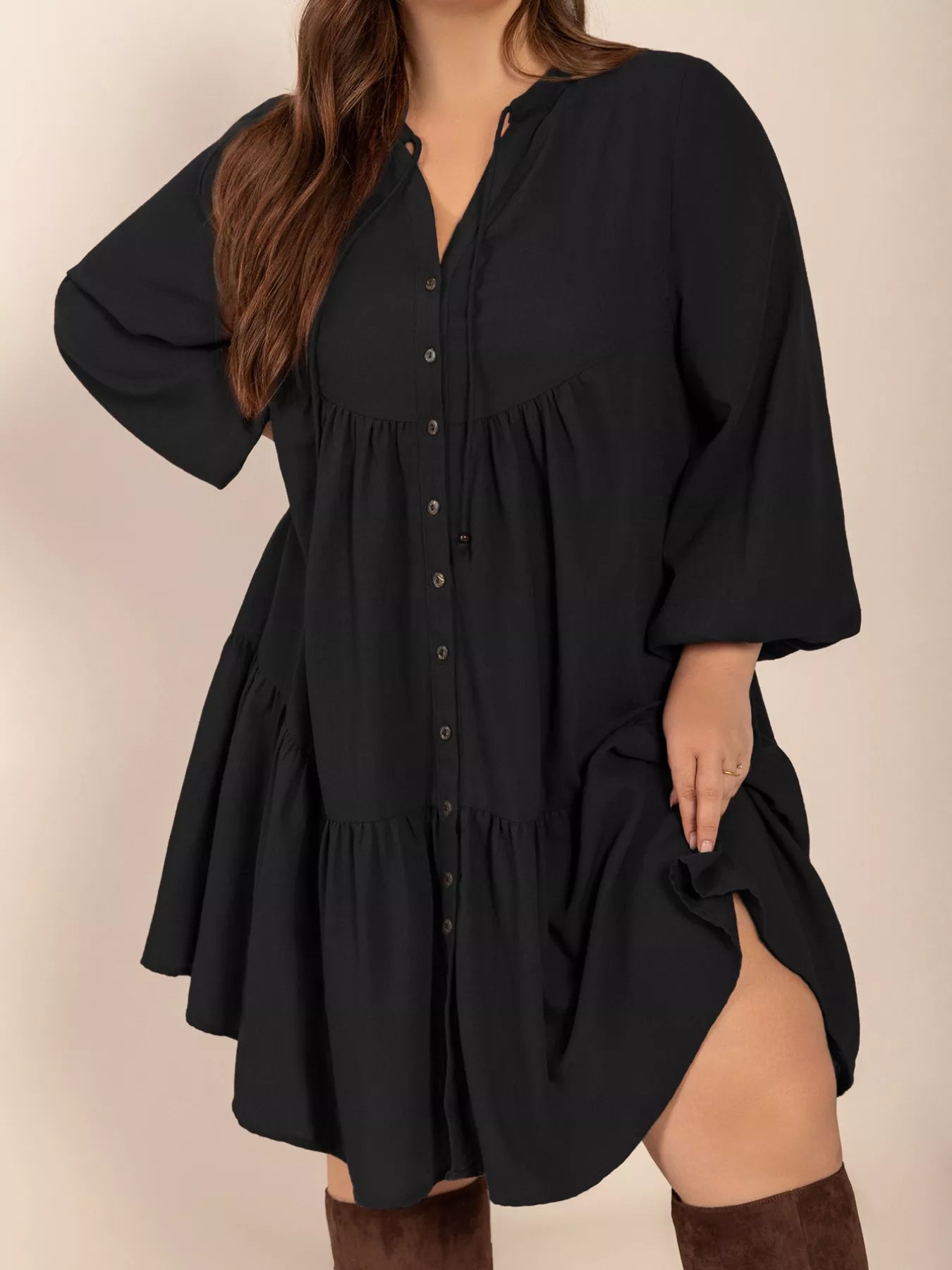Plus Size Button Front Balloon Sleeve Dress - Glamourous Grace