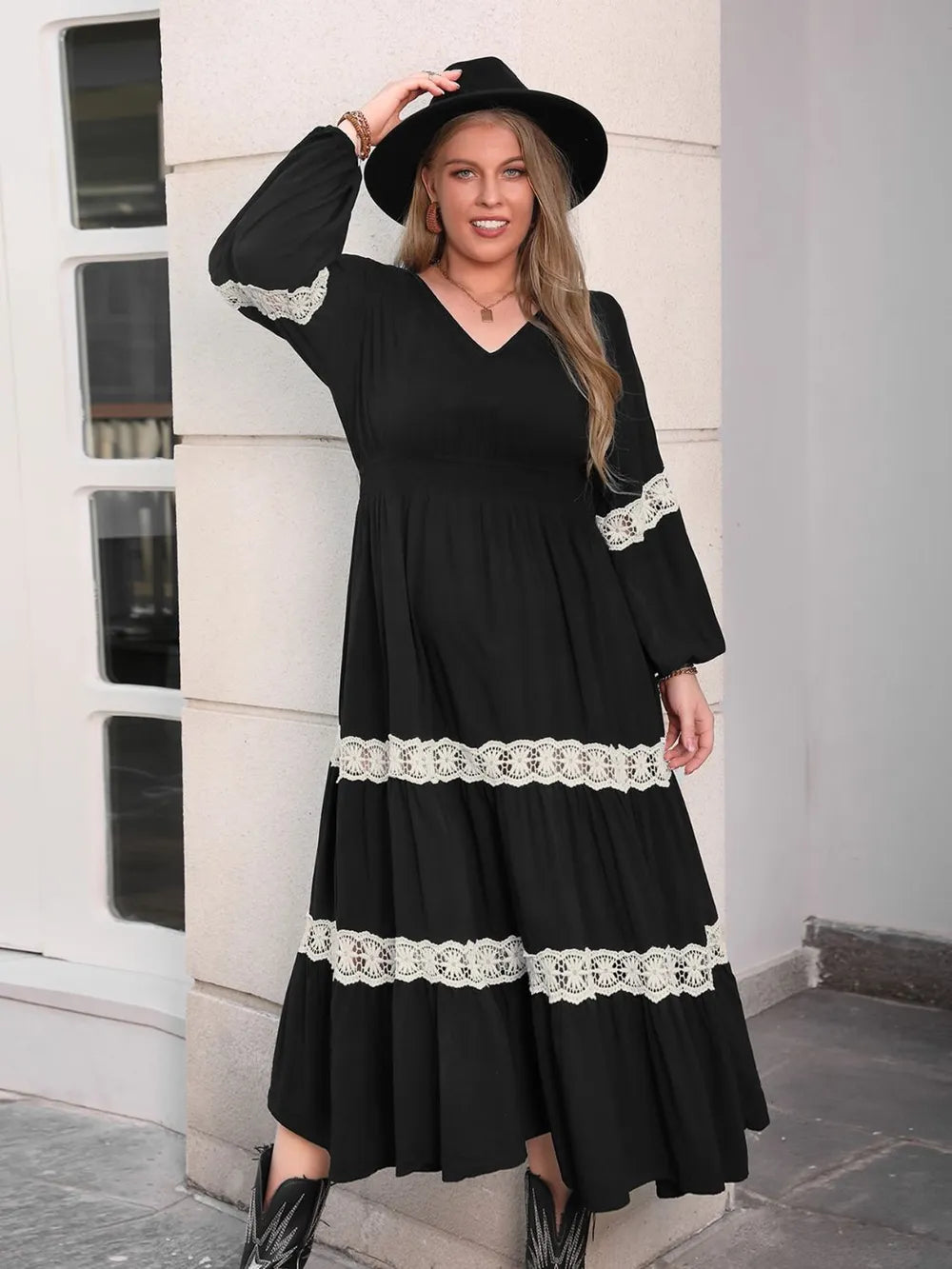 Plus Size Lace Detail V-Neck Long Sleeve Midi Dress - Glamourous Grace