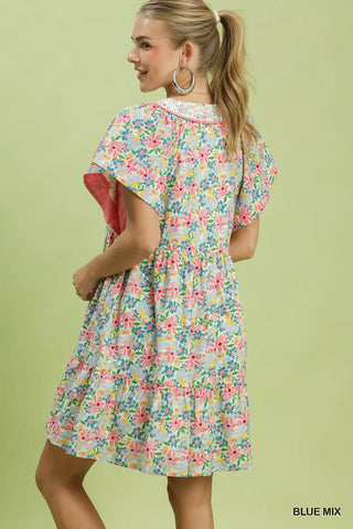 Umgee Mix Floral Tiered Mini Dress with Side Pockets - Glamourous Grace