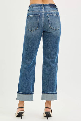 RISEN 4 Way Stretch Slouchy Straight Jeans with Cuffed Hem