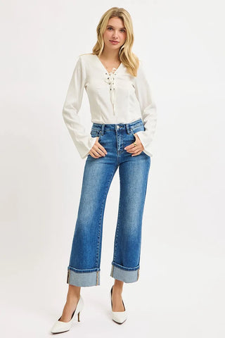 RISEN  Mid Rise Crop Straight Cuffed Jeans