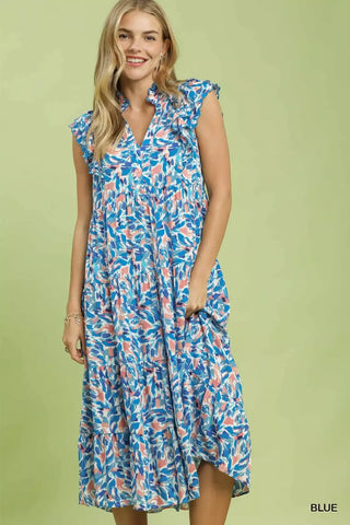 Umgee Leaf Print Midi Tiered Dress with Side Pockets - Glamourous Grace