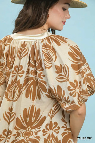 Umgee Mix Printed Puff Sleeve Top with Contrast Trim - Glamourous Grace