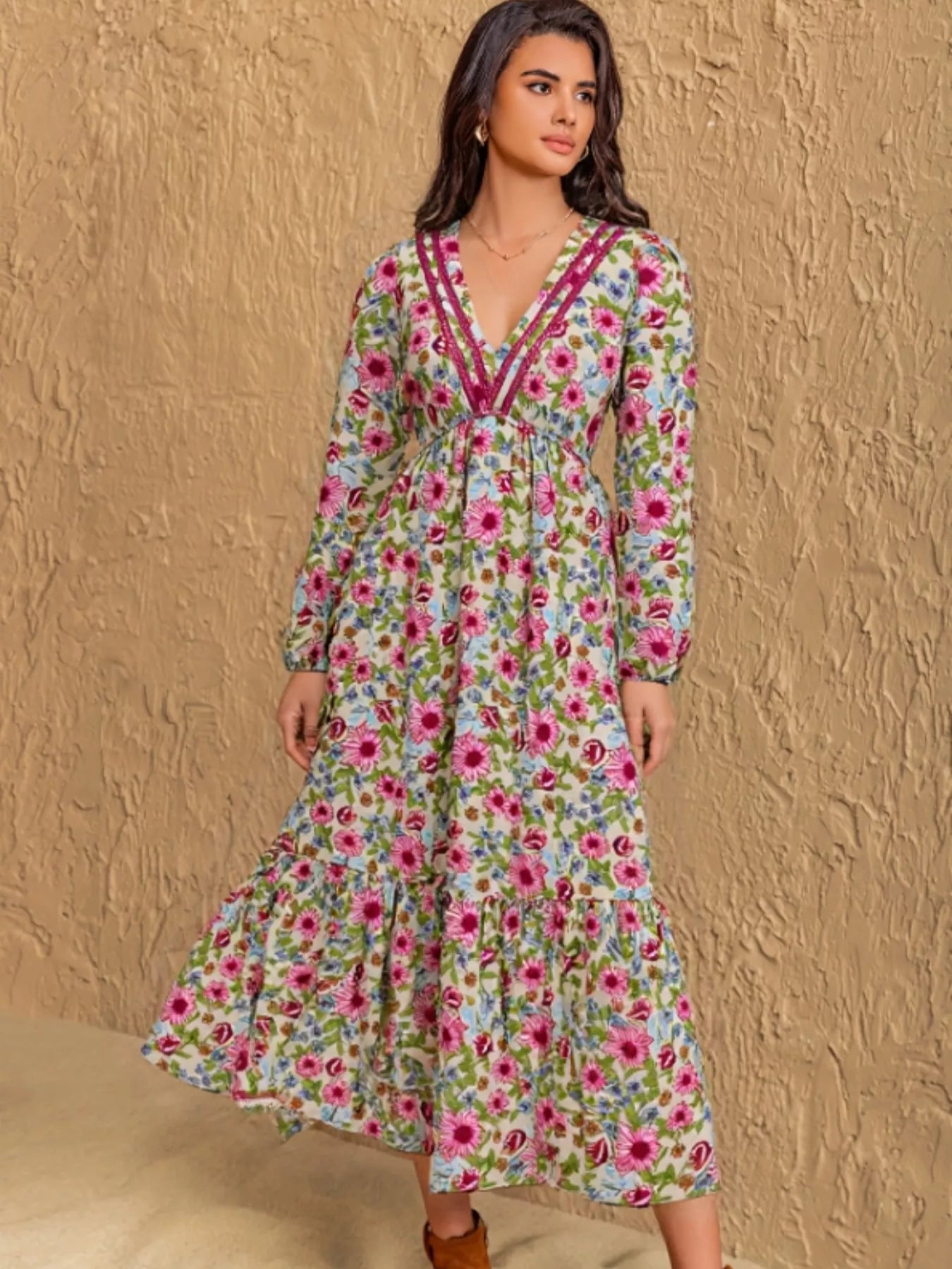 Floral Print V-Neck Bohemian Midi Dress - Glamourous Grace