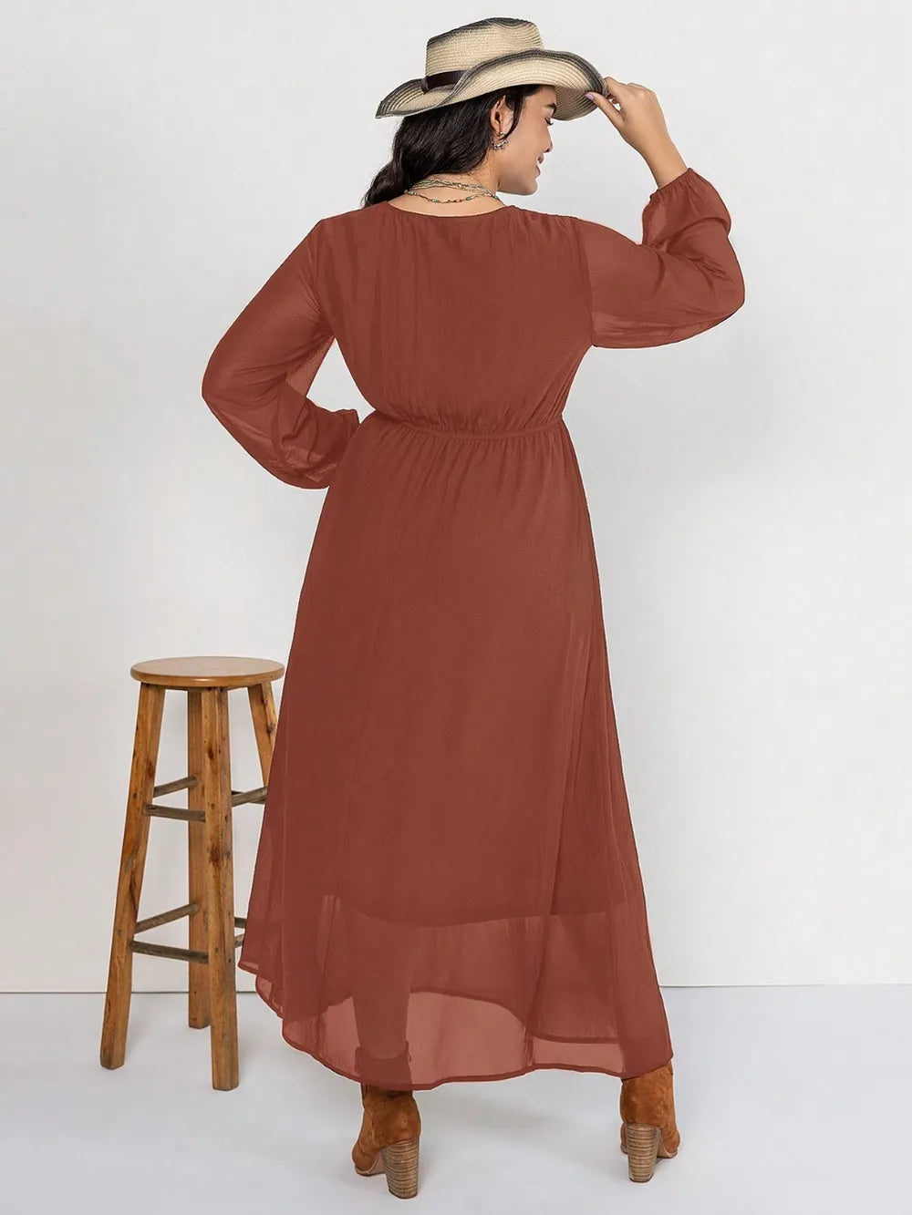 Plus Size Embroidered Tie Neck Long Sleeve Dress - Glamourous Grace