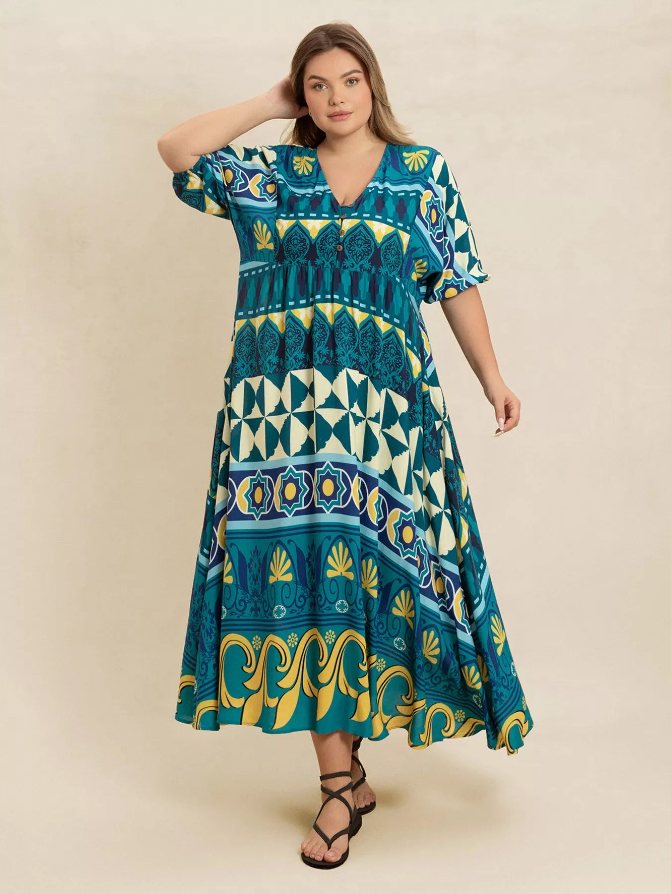 Plus Size Printed V-Neck Half Sleeve Midi Dress - Glamourous Grace