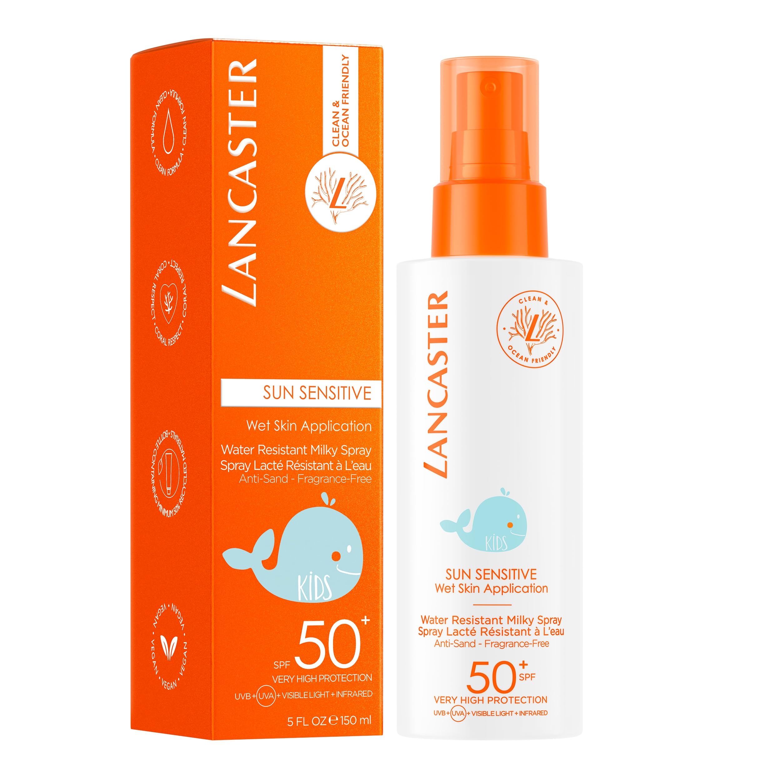 Lancaster Sun Sensitive Milky Spray For Kids SPF50 - Water-Resistant, Fragrance-Free Sunscreen Spray for Children - Glamourous Grace