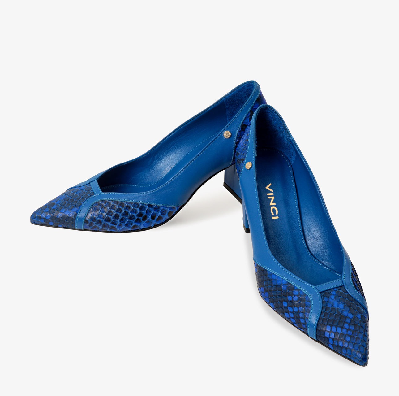 The Toskana Sax Blue Pythn Leather Block Heel Pump Women Shoe - Glamourous Grace