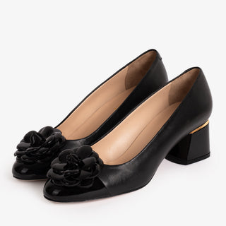 The Diva Black Leather Cap Toe Block Heel Pump Women Shoe - Glamourous Grace