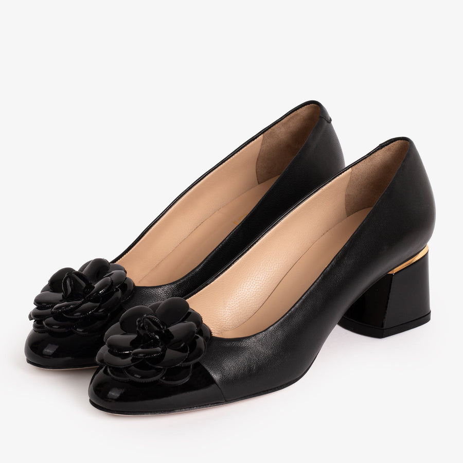 The Diva Black Leather Cap Toe Block Heel Pump Women Shoe - Glamourous Grace