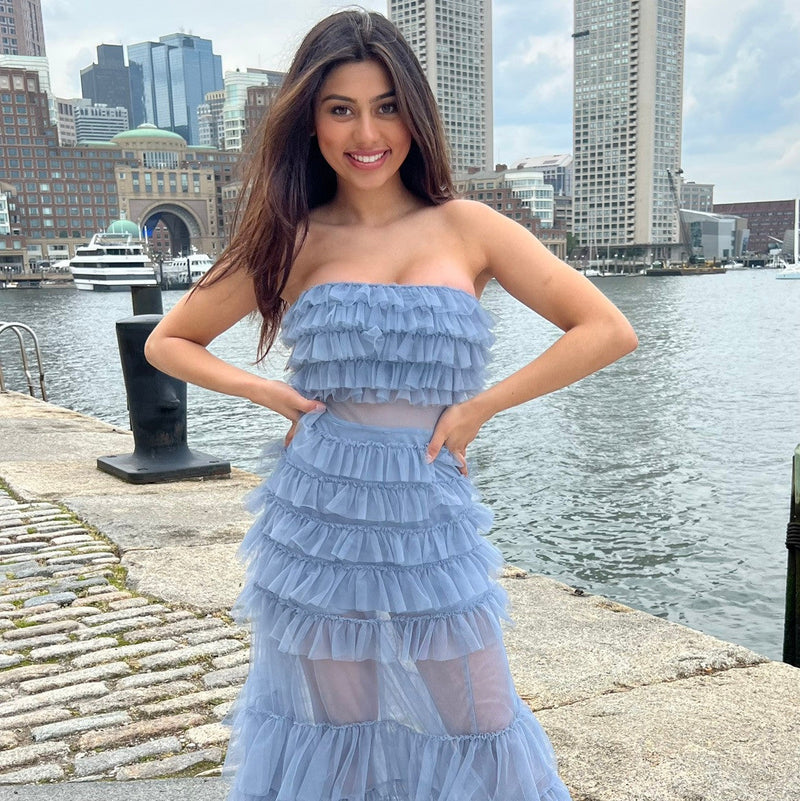 Georgia Maxi Dress - Smoky Blue - Ruffle Tulle Dress With Sheer Detail - Glamourous Grace