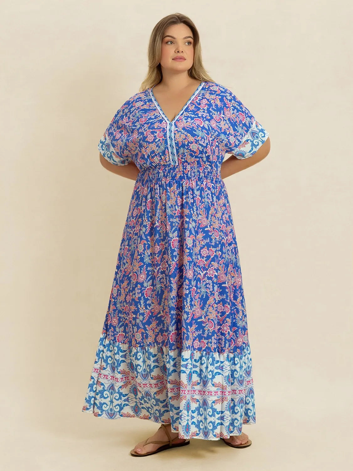 Plus Size Smocked Printed Half Sleeve Midi Dress - Glamourous Grace