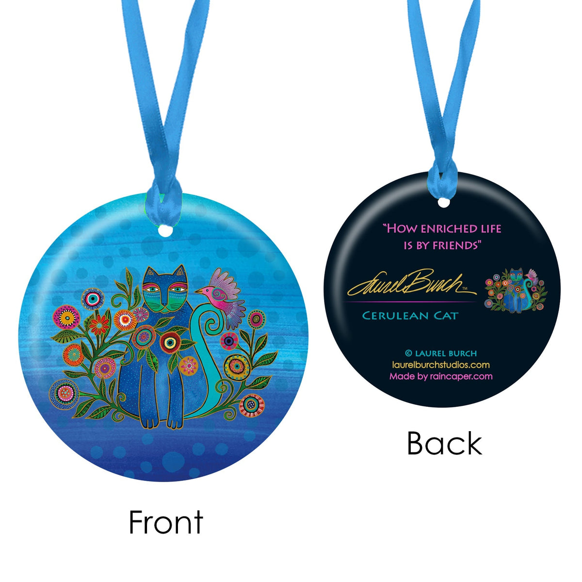Laurel Burch Cerulean Cat Porcelain Keepsake Ornament – Flat Ceramic, Gift-Ready