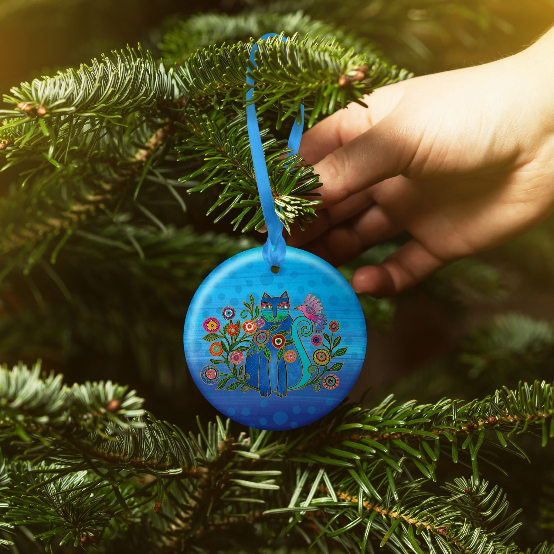 Laurel Burch Cerulean Cat Porcelain Keepsake Ornament – Flat Ceramic, Gift-Ready