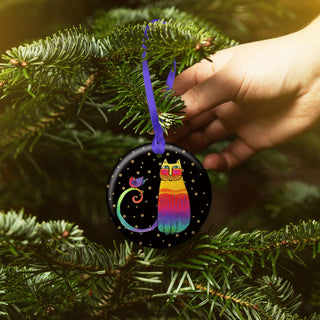 Laurel Burch Rainbow Cat Porcelain Keepsake Ornament – Flat Ceramic, Gift-Ready