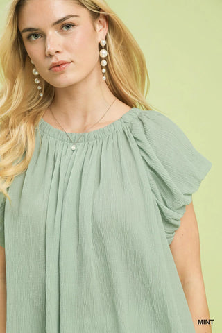 Umgee Crinkle Flutter Sleeve Peasant Top in Mint - Glamourous Grace