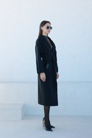 Logan Leather Trim Cashmere Blend Overcoat in Black