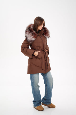 Tyler Genuine Silver Fox Down Coat in Chocolate