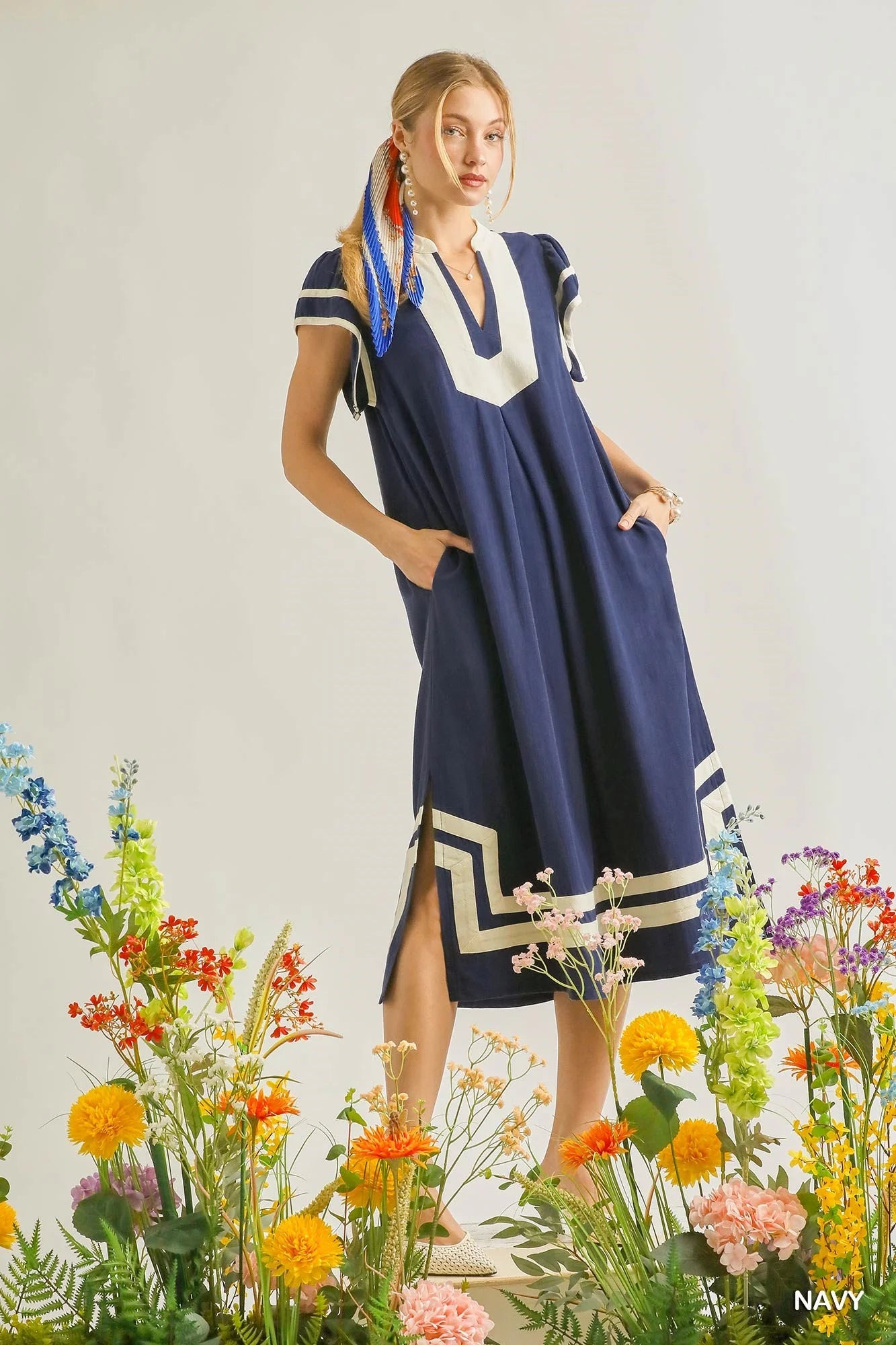 Umgee Linen Cotton Contrast Neckline Midi Dress in Navy - Glamourous Grace