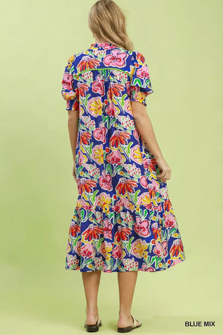Umgee Floral Print Puff Sleeve Tiered Midi Dress - Glamourous Grace