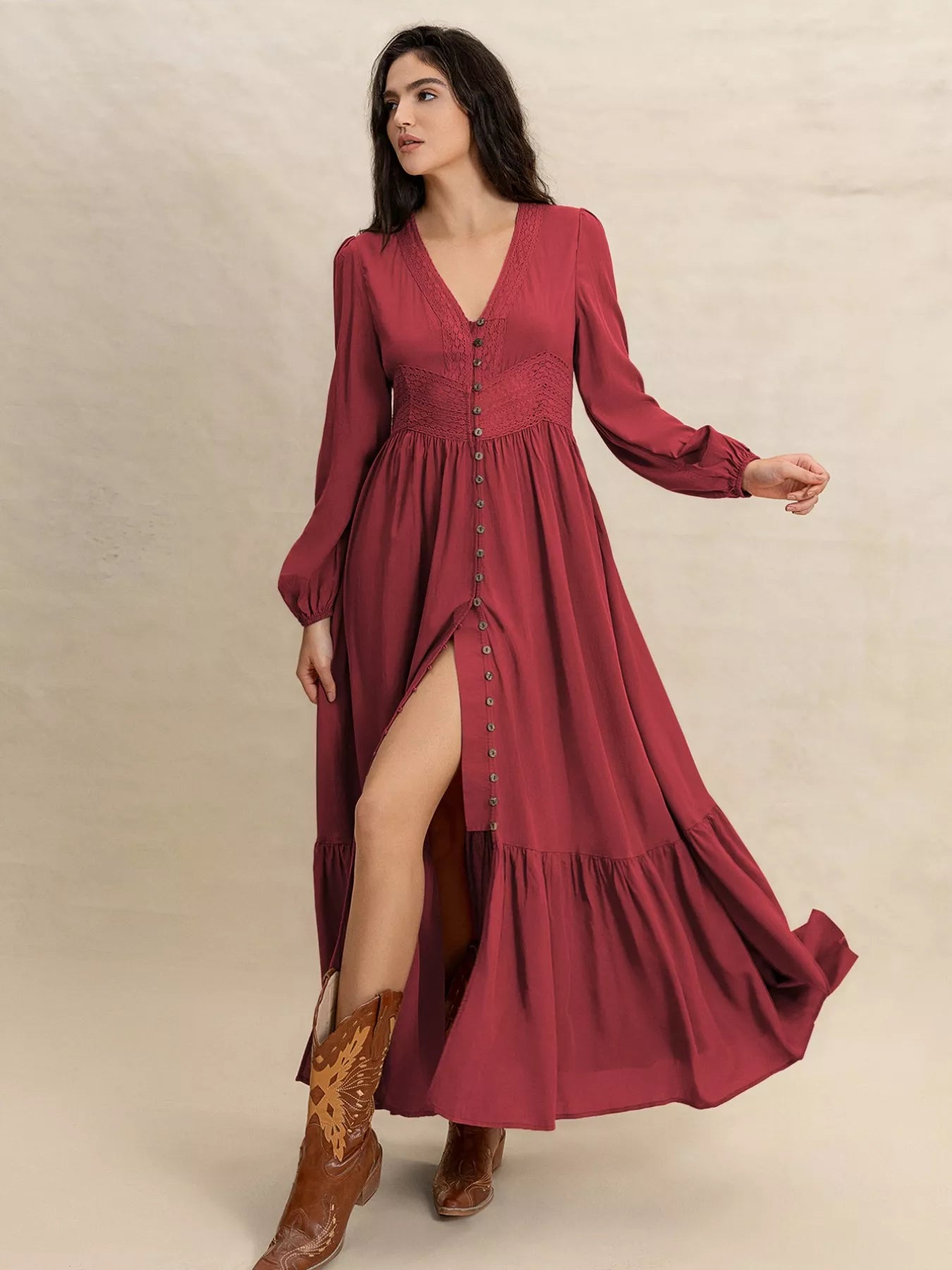 Plus Size V-Neck Balloon Sleeve Maxi Dress - Glamourous Grace