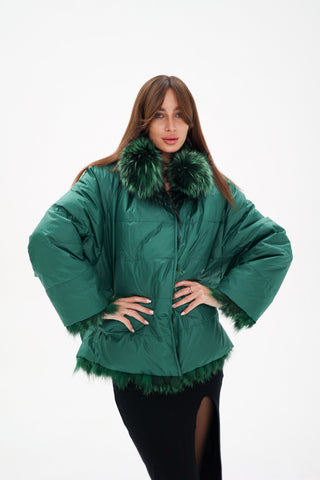 Reversible Genuine Silver Fox  Down Fill Coat in Emerald
