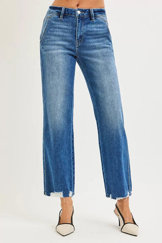 RISEN High Rise Ankle Straight Distressed Hem Detail Jeans