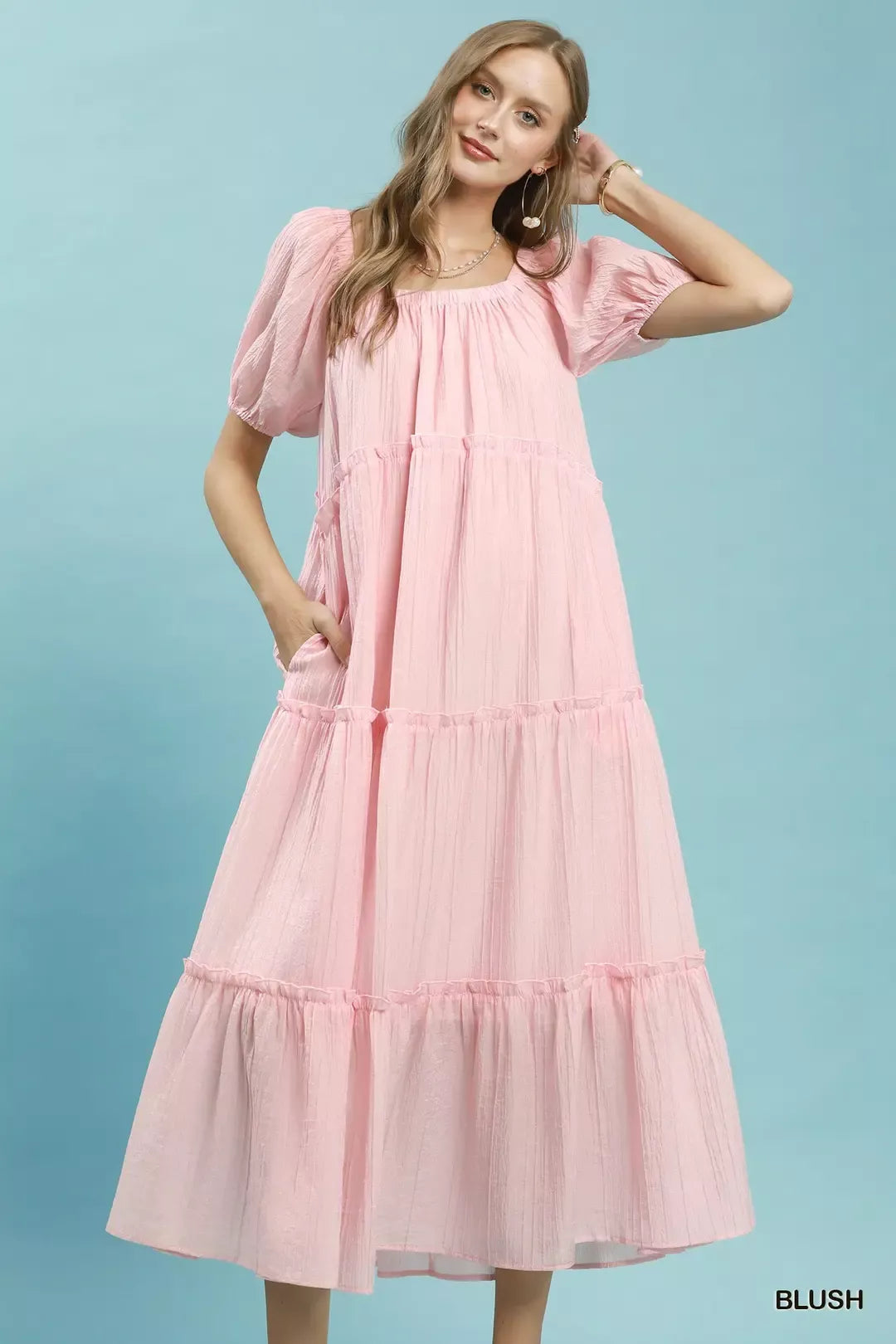 Umgee Textured Tiered Midi Dress in Blush - Glamourous Grace