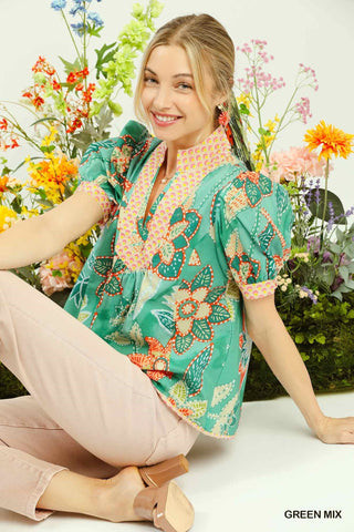 Umgee Mixed Abstract Print Puff Sleeve Blouse in Green - Glamourous Grace
