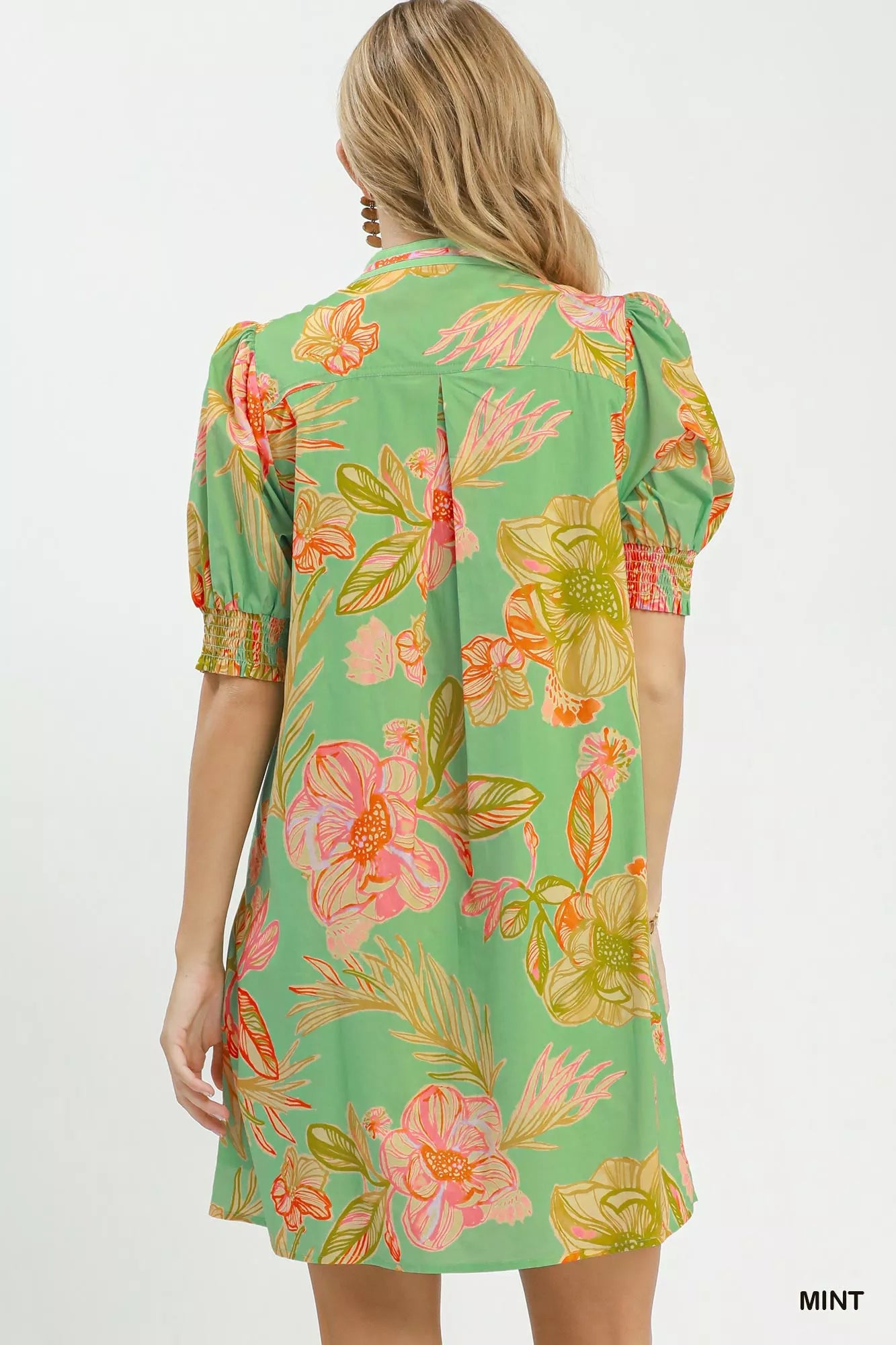 Umgee Botanical Print Dress with Smocked Cuffs - Glamourous Grace