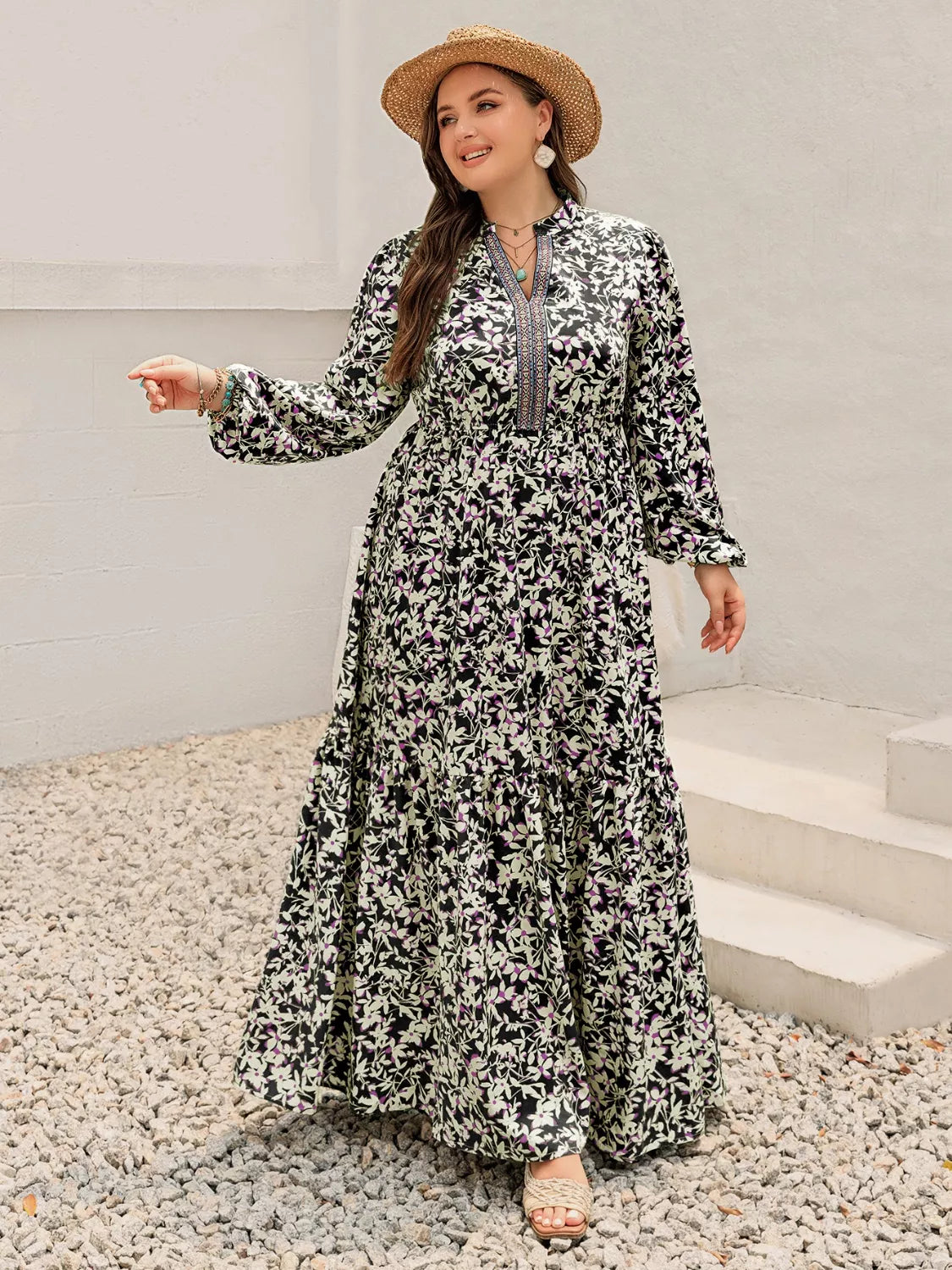 Plus Size Floral Print Long Sleeve Tiered Maxi Dress - Glamourous Grace