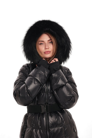 Cyrus Genuine Fur Trim Down Fill Coat in Black