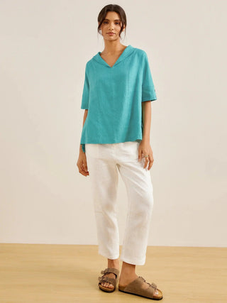 LINTICO Linen V-neck short sleeve blouse in Sierra color, lightweight and breathable for casual summer wear.