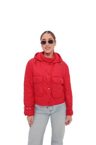 Studded Light Demi-Season Hooded Cropped Jacket in Red