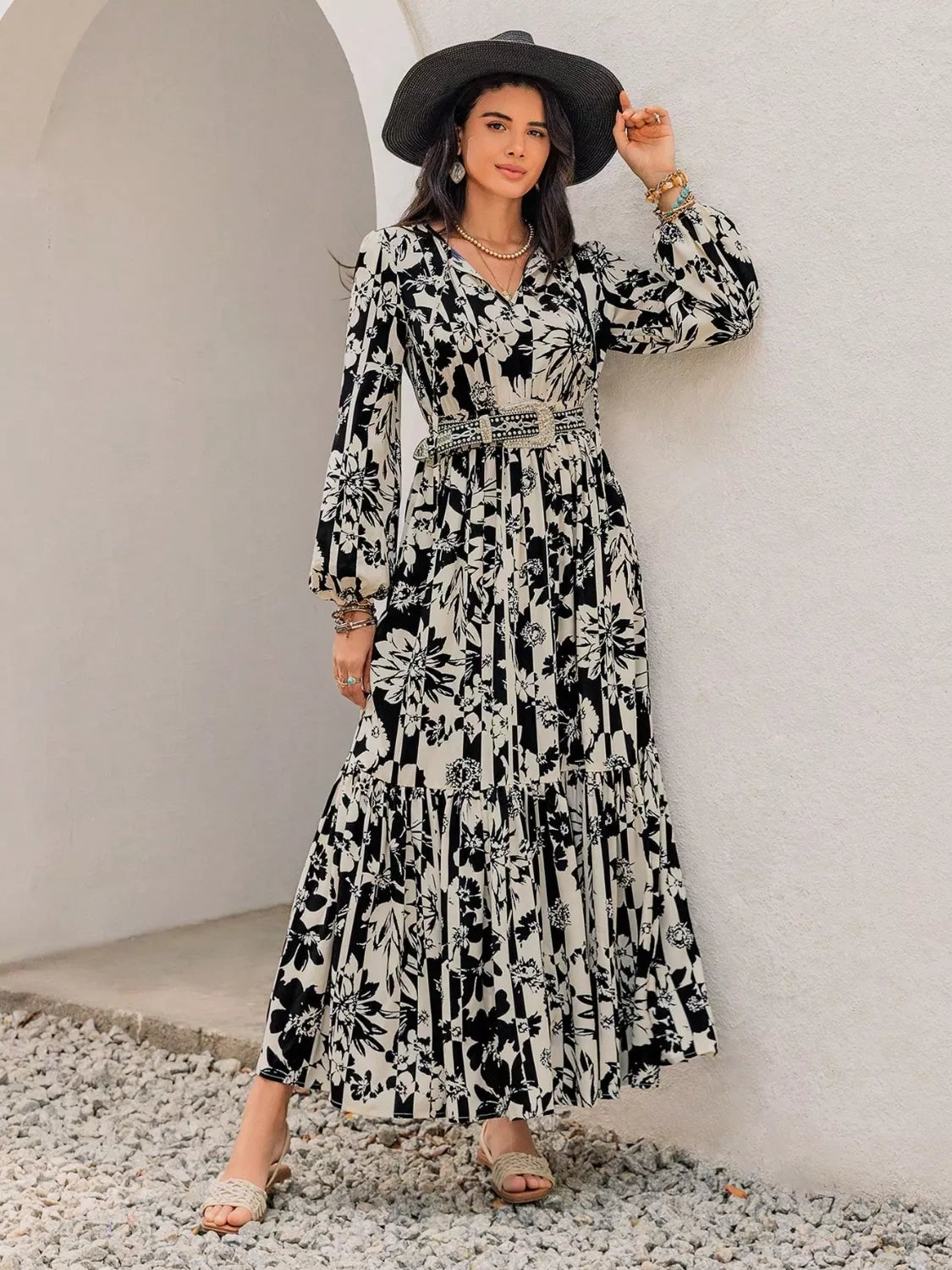 Plus Size Floral Print Balloon Sleeve Maxi Dress - Glamourous Grace