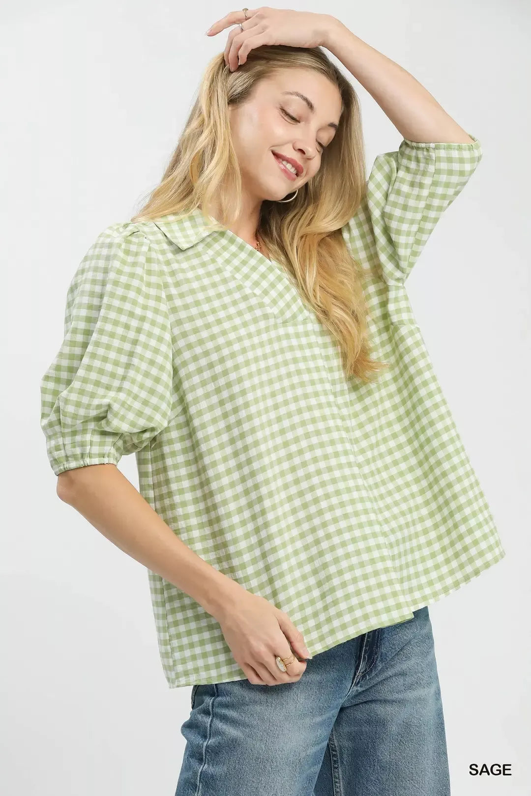 Umgee Gingham Puff Sleeve Collared Blouse in Sage - Glamourous Grace