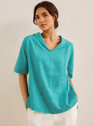 Linen V Neck Short Sleeve Shirt SIERRA - Glamourous Grace