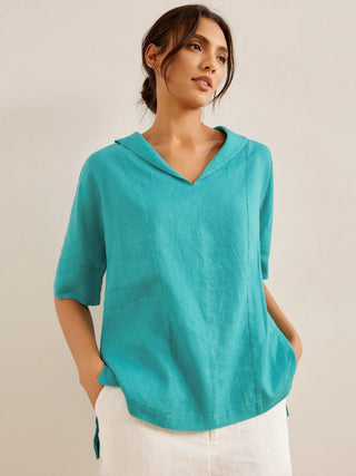 LINTICO Linen V-neck short sleeve blouse in Sierra color, lightweight and breathable summer top, front view.