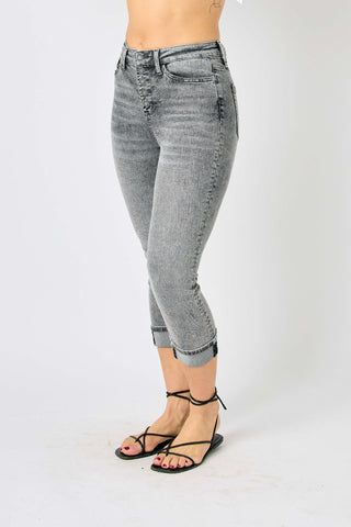 Judy Blue Sasha High Waist Cuffed Button Fly Gray Denim Capri Jeans