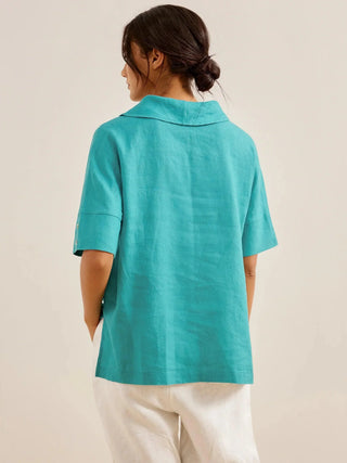 LINTICO Linen V-neck short sleeve blouse in Sierra color, lightweight and breathable top for casual or summer wear.