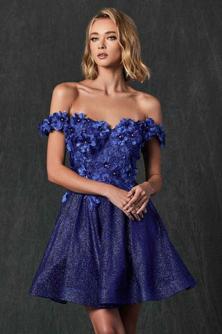 Juliet 861 Floral Embroidered Glitter Mesh Short A-Line Dress