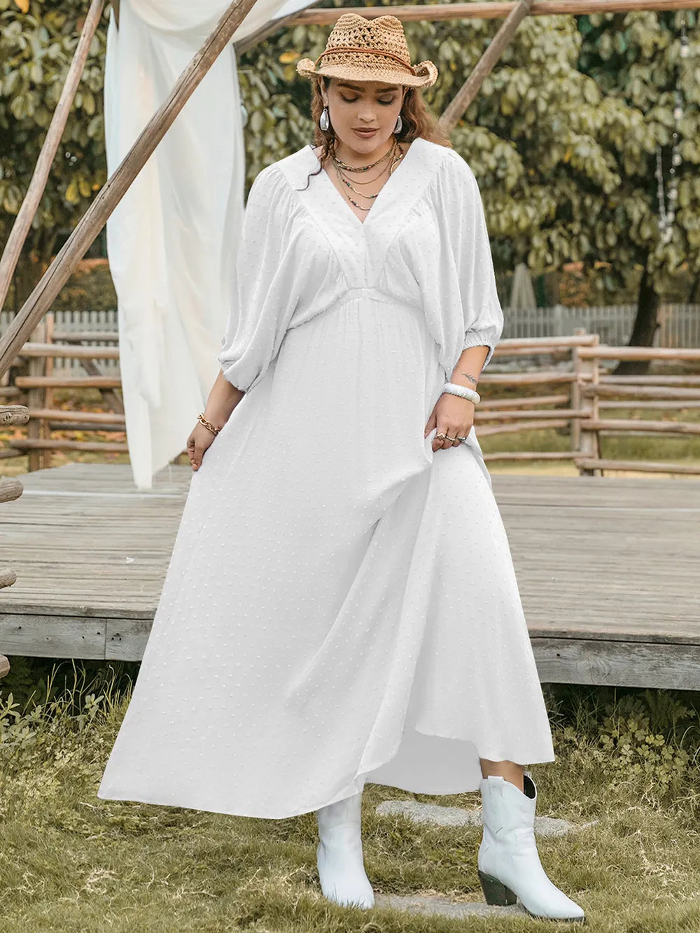 Plus Size Swiss Dot V-Neck Three-Quarter Sleeve Dress - Glamourous Grace