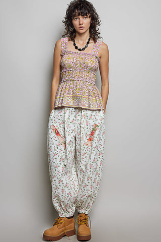 POL Smocked Printed Square Neck Peplum Tank with Ruffle Trim - Glamourous Grace