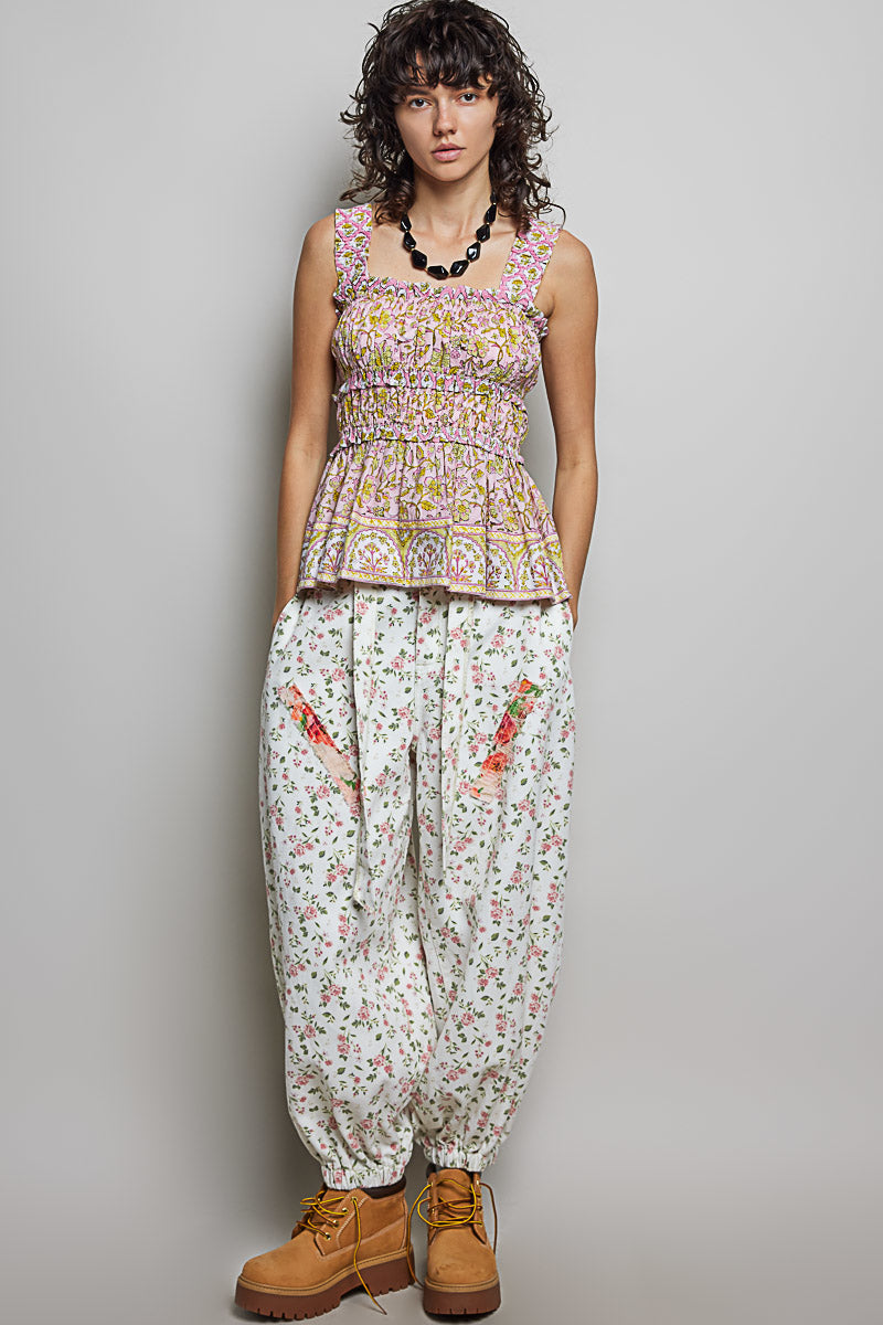 POL Smocked Printed Square Neck Peplum Tank with Ruffle Trim - Glamourous Grace