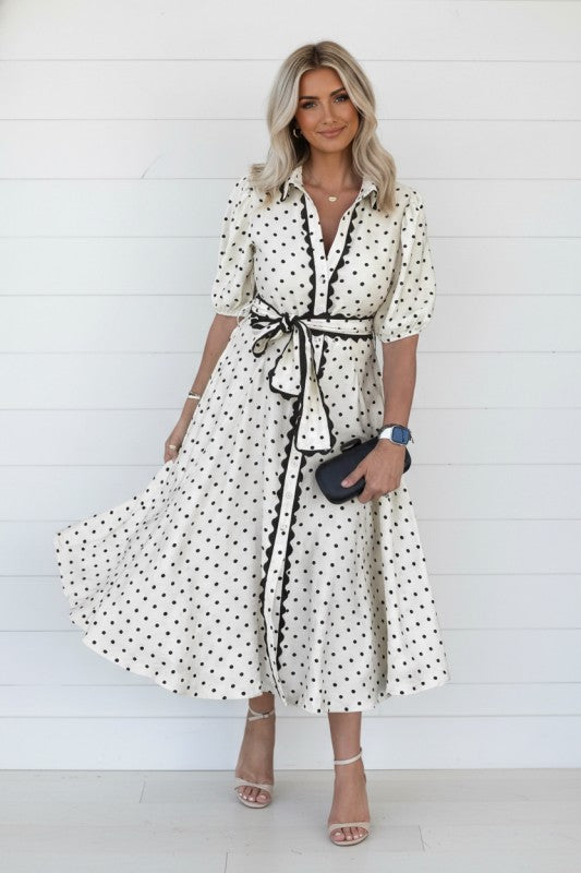 Polka Dot Scallop Trim Button Down Midi Dress - Glamourous Grace